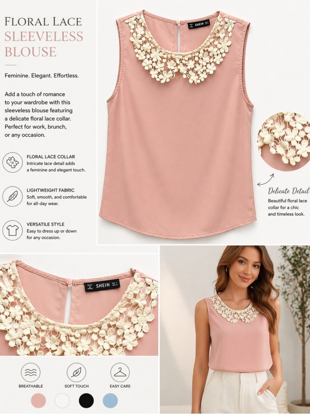 SHEIN Blush Pink Lace Collar Sleeveless Blouse | Feminine Chic Top Sz S